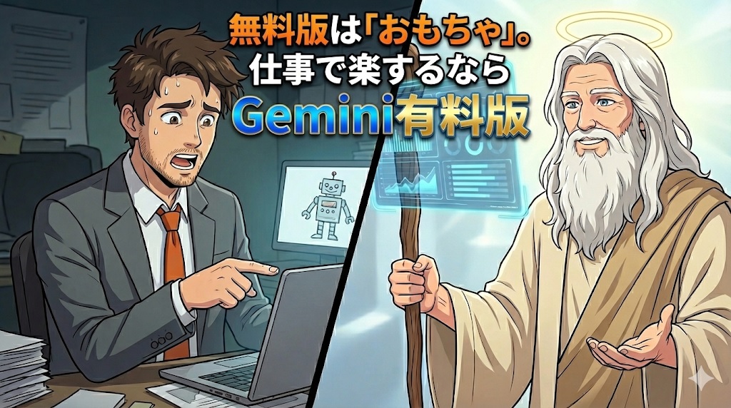 無料版AIのおもちゃのような性能に困惑するスーツ姿の男性(アキ部長)と、有料版AIの高度な機能を魔法のように使いこなす神様の比較イラスト。SWELLブログ用アイキャッチ。