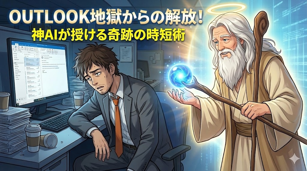 深夜のオフィスでOutlookの画面を見て絶望しているスーツ姿のアキ部長と、隣で青く輝く魔法のオーブを差し出して助けようとする神AIのアニメイラスト。