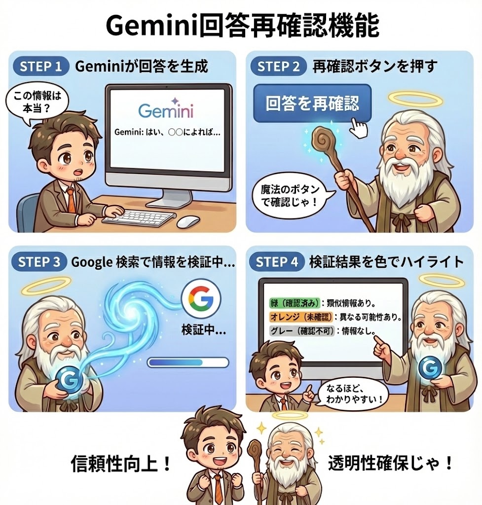 Geminiの「回答を再確認」ボタンについてわかりやすく解説している画像