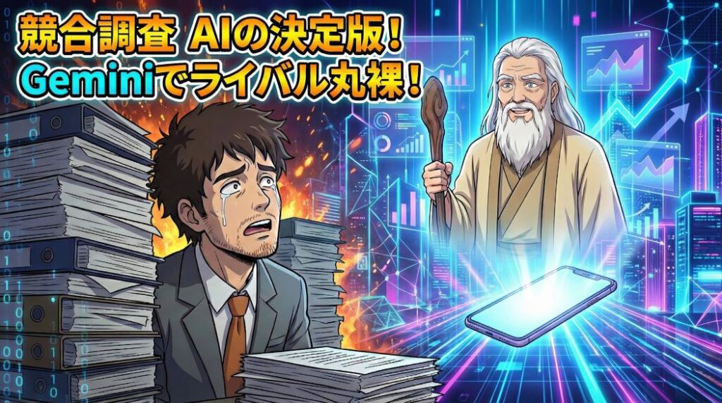 薄暗いオフィスで書類の山に埋もれて絶望するスーツ姿のアキ部長と、スマートフォンの画面からホログラムとして現れ、輝くグラフや分析データを提示して微笑む神AIのイラスト。