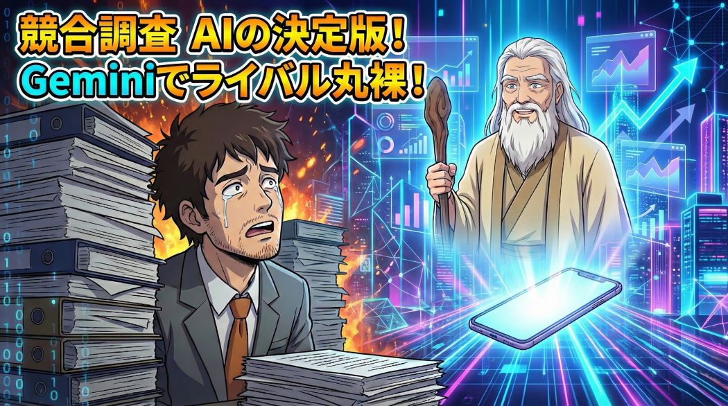 薄暗いオフィスで書類の山に埋もれて絶望するスーツ姿のアキ部長と、スマートフォンの画面からホログラムとして現れ、輝くグラフや分析データを提示して微笑む神AIのイラスト。