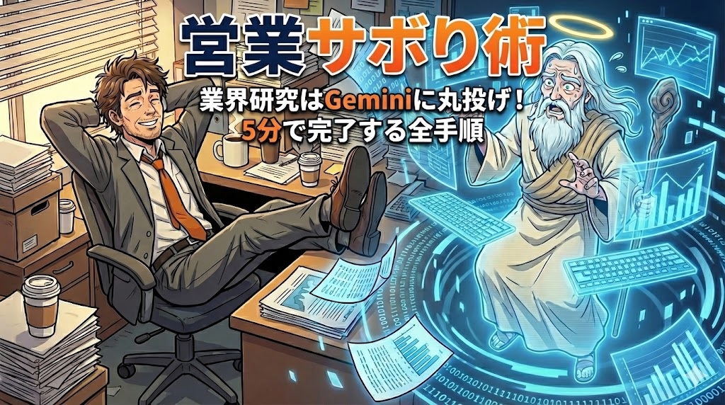 散らかったオフィスで足を机に上げてリラックスしコーヒーを飲むスーツ姿のアキ部長と、その横で青いホログラムとなって膨大な書類やデータグラフの渦の中で必死に働く神様（AI）のコミカルなイラスト。アナログとデジタルの対比表現。