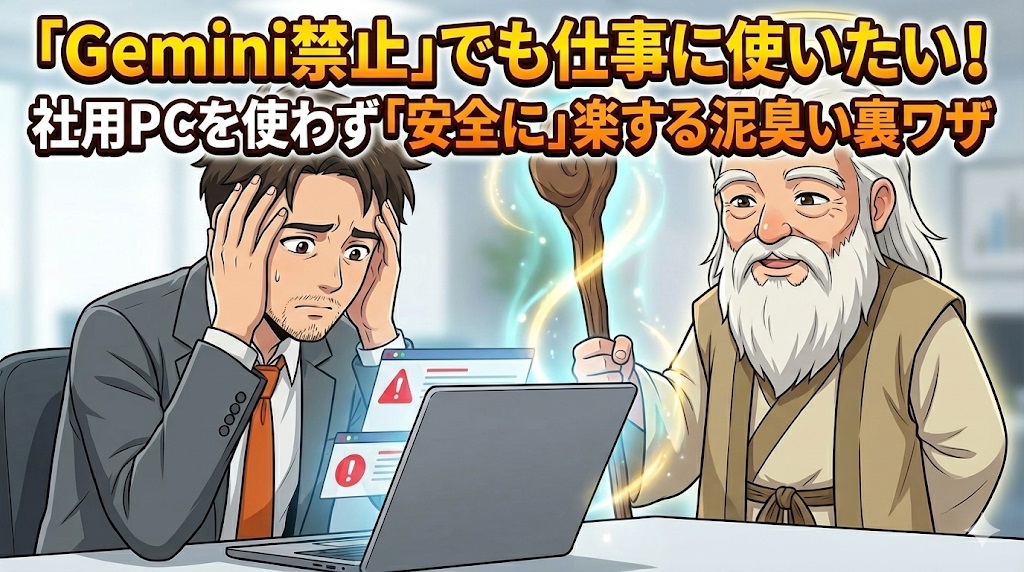 パソコンの前で頭を抱えて悩んでいるスーツ姿のアキ部長と、隣で杖から光を出して助けようとしている神AIのイラスト。