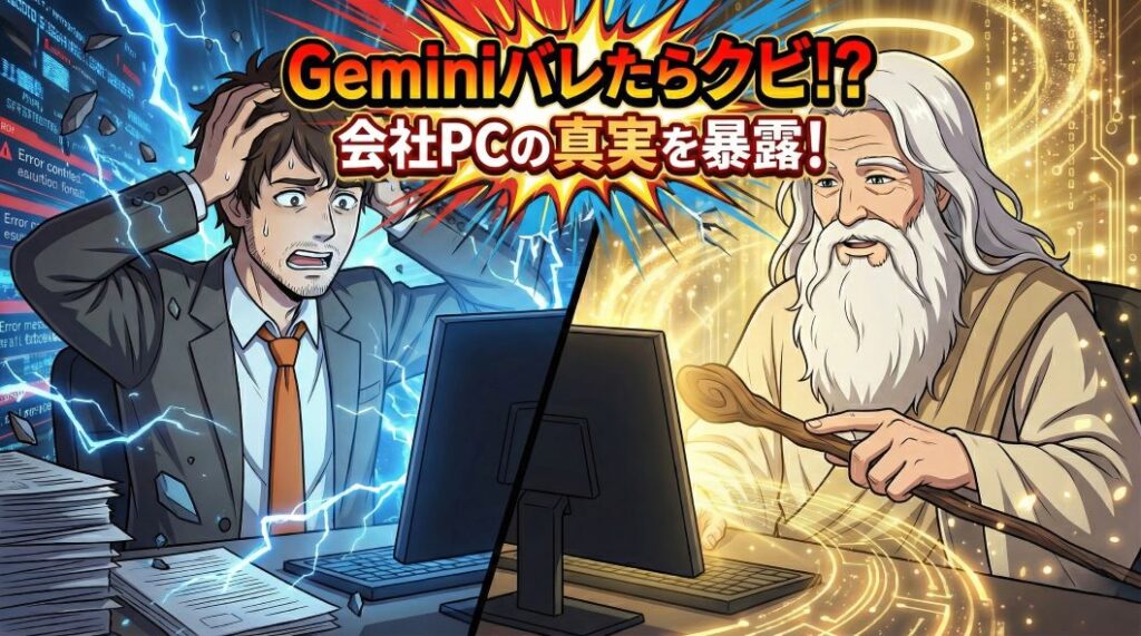 深夜のオフィスで、会社PCの画面を見て焦り冷や汗を流すスーツ姿のアキ部長と、その横で杖から解決の光を放ち微笑む神様のアニメーションイラスト。