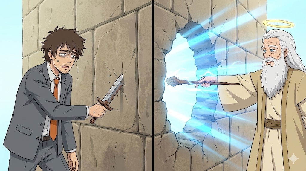 無料版の象徴である錆びた剣で巨大な石壁に挑み疲弊するアキ部長と、有料版の象徴である魔法の杖でその壁を粉砕して道を作る神AIの比較イラスト。アナログ営業が感じる壁の突破イメージ。