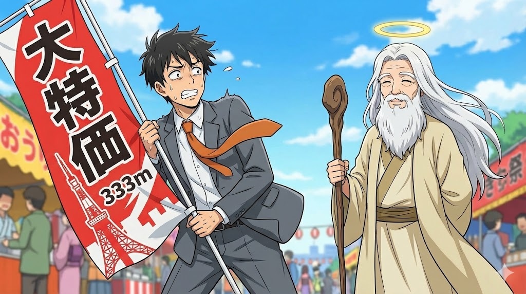東京タワーの絵が描かれた大特価ののぼりを持っているアキ部長と神様の画像