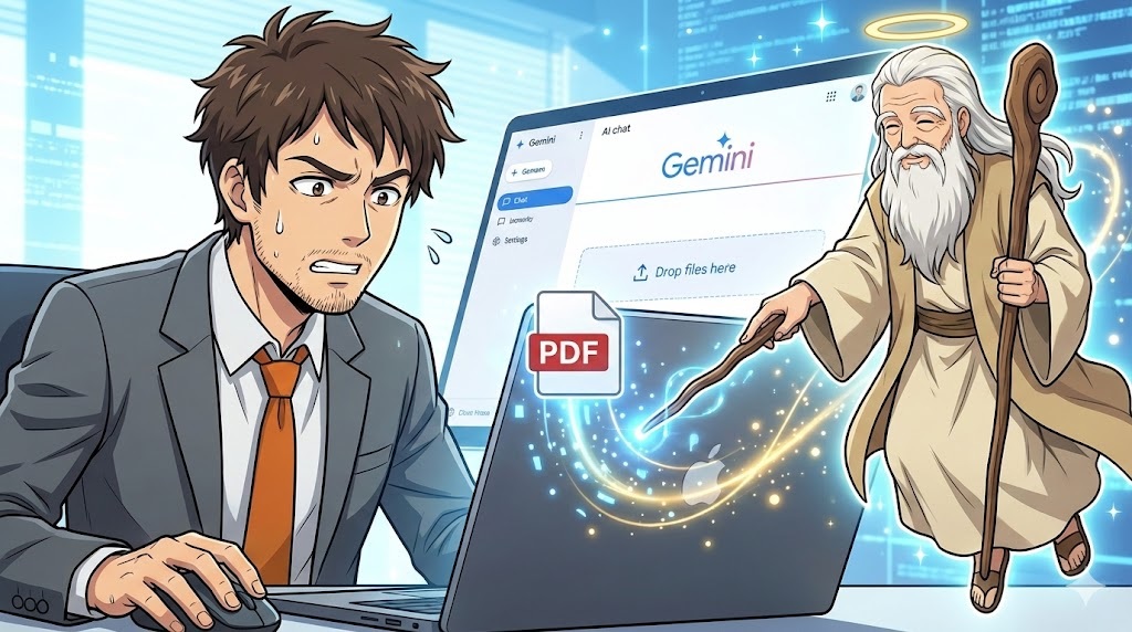 サラリーマンがGeminiにPDFを添付している画像