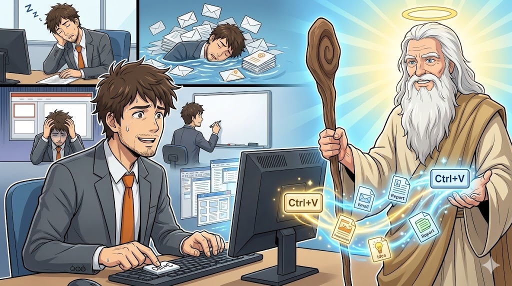 PCでコピー操作をするアキ部長と、杖からペーストアイコンと様々なビジネス文書のプロンプトアイコンを魔法で出す神AIのアニメイラスト。背景には会議、メール、資料作成、企画で困るアキ部長の姿がある。