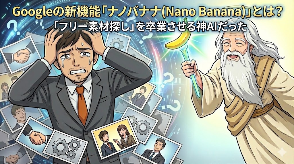 Googleの新機能「ナノバナナ(Nano Banana)」とは？「フリー素材探し」を卒業させる神AIだった。フリー素材の山で悩む男性と、光るバナナで助ける神様のイラスト。