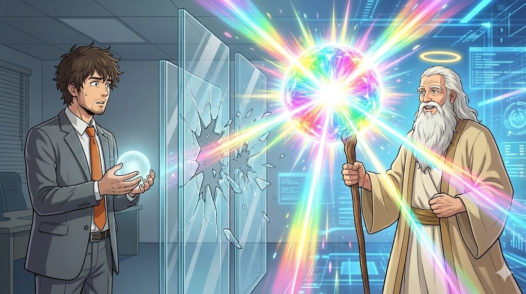 小さな青白い光を持つアキ部長が3つの透明な壁に阻まれているのに対し、隣で神AIが巨大な虹色の光を放ってその壁を粉砕し、圧倒的なパワーを見せつけているアニメイラスト。