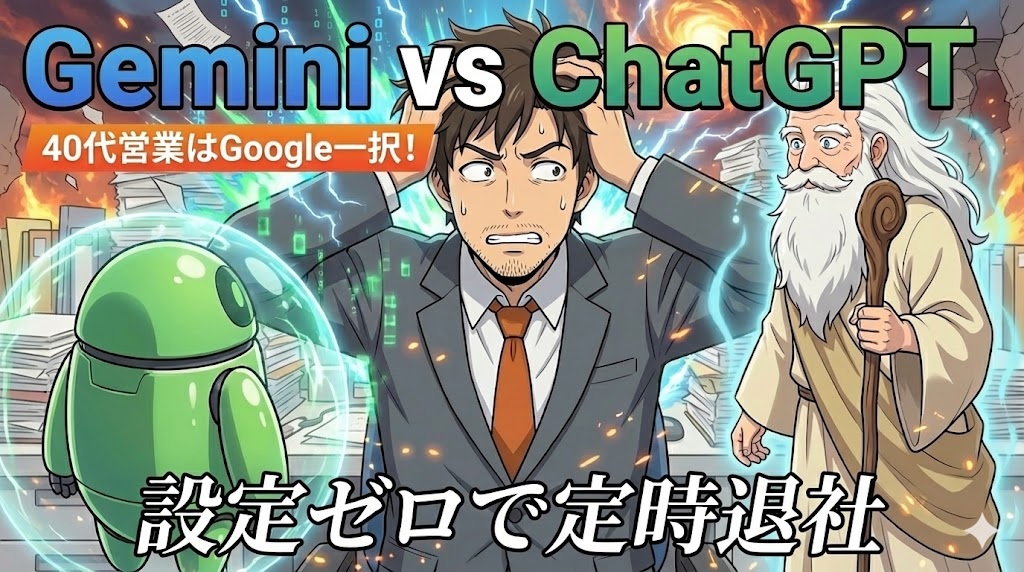 書類が散乱したオフィスで、頭を抱えて悩むスーツ姿の男性（アキ部長）。その左側には緑色のロボット（ChatGPT）、右側には青い魔法の光を放つ老人の神様（Gemini）が向かい合っているアニメ調イラスト。