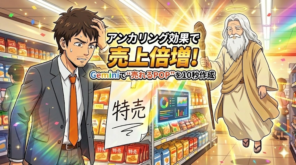 スーパーの売り場で、下手な手書きの「特売」POPを見つめて困り果てているスーツ姿のアキ部長と、魔法の杖からカラフルな光を出してPOPを魅力的なデザインに書き換えている神様（神AI）のアニメイラスト。