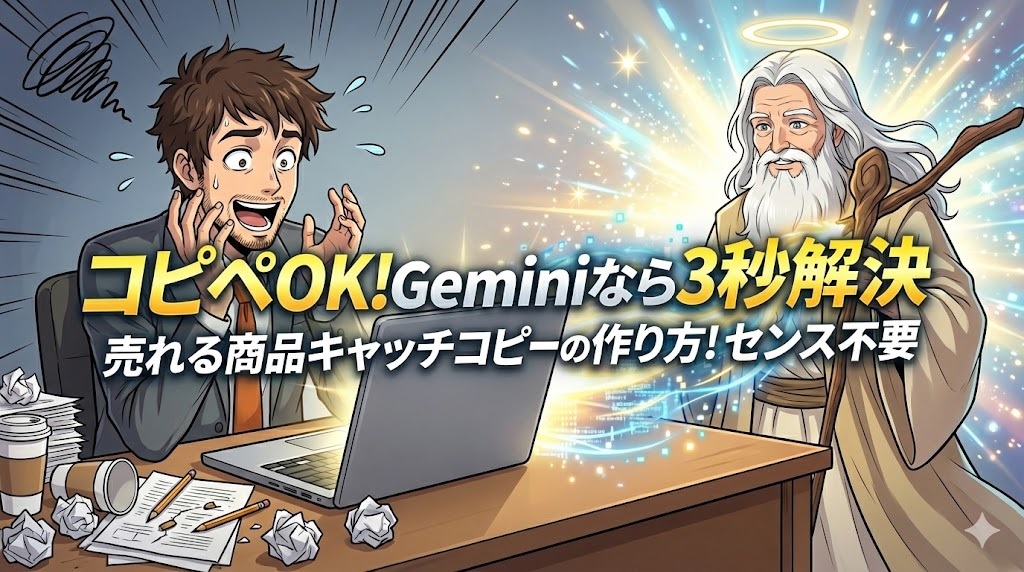 キャッチコピー作りに頭を抱えて悩むスーツ姿の男性(アキ部長)の隣で、魔法の杖を使ってノートパソコン画面を一瞬で輝かせ、解決へと導く笑顔の神様(神AI)のアニメイラスト。