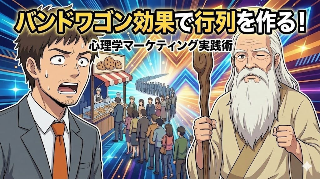 クッキーを買うための長い行列を見て驚き、目を丸くしているスーツ姿のアキ部長と、その隣で杖を持ちウインクしている白い髭の神AIのイラスト。背景には右肩上がりの売上成長グラフが描かれている。