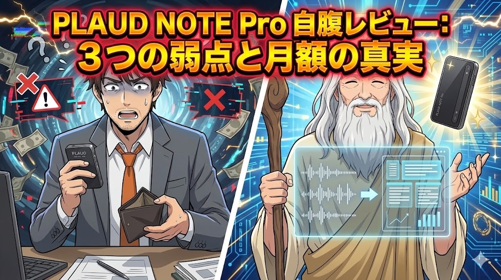 アイキャッチ画像のタイトル「PLAUD NOTE Pro 自腹レビュー：3つの弱点と月額の真実」とともに、コストや弱点に直面して空の財布を見つめ焦るスーツ姿の男性と、ホログラムで音声データの整理機能や製品の真価を穏やかに示す神様が描かれた対比イラスト。