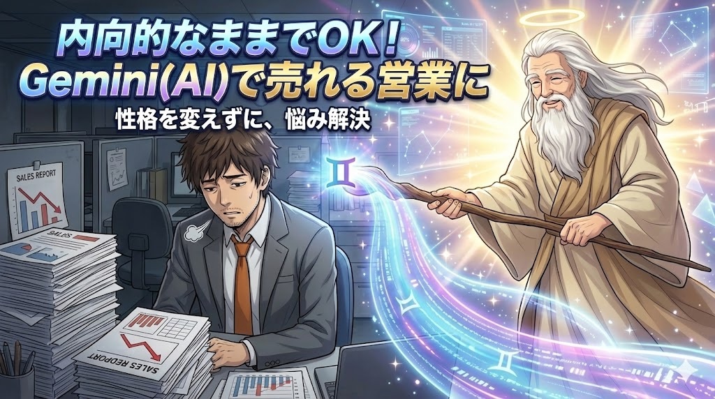 営業ノルマの書類の山に埋もれ、自信なさげに落ち込むスーツ姿のアキ部長。その隣で、杖から青と紫のグラデーションに輝くAI（Gemini）の魔法の光を放ち、優しく微笑む神AIのアニメイラスト。暗いオフィスから明るいデジタル世界への変化。