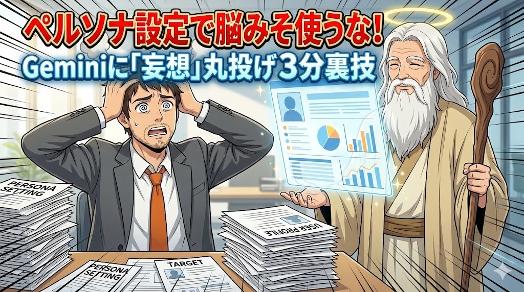 （オフィスで「ペルソナ設定」と書かれた書類の山に埋もれ、頭から煙を出して目を回しているスーツ姿のアキ部長と、隣で魔法の杖を振ってAIが生成した完璧なペルソナのホログラムデータを空中に表示させて微笑む神AIのイラスト）