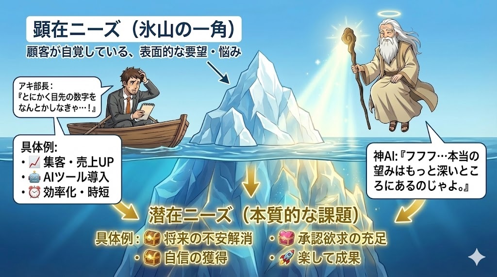 海に浮かぶ氷山の一角だけを見て困惑するスーツ姿のアキ部長と、魔法の杖で水面下の巨大な氷山全体を照らし出し、笑顔で解説する神AIのアニメイラスト。顕在ニーズと潜在ニーズの対比図解。