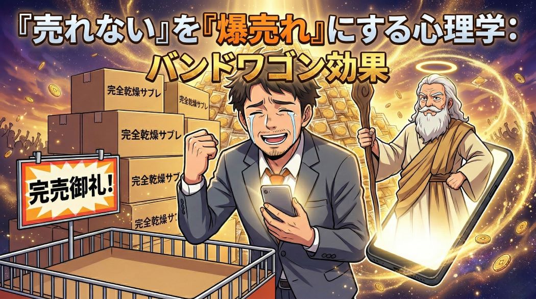 「完全乾燥サブレ」の完売御礼POPが貼られた空のワゴンの前で、涙を流してガッツポーズをするアキ部長と、スマホから飛び出すドヤ顔の神AIのイラスト。上部に「バンドワゴン効果で爆売れ!」の文字入り。