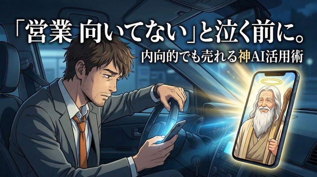 コンビニ駐車場で絶望するアキ部長が、スマホの神々しい光の中に希望を見出すシネマティックアニメイラスト。インパクトのある日本語テキスト付き。
