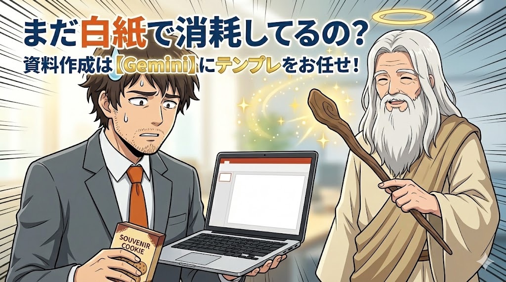 クッキーの箱を持ち、真っ白なパワーポイント画面のノートパソコンを見て冷や汗をかいて困惑するスーツ姿のアキ部長と、隣で魔法の杖を使い笑顔で助けようとする神様のイラスト。