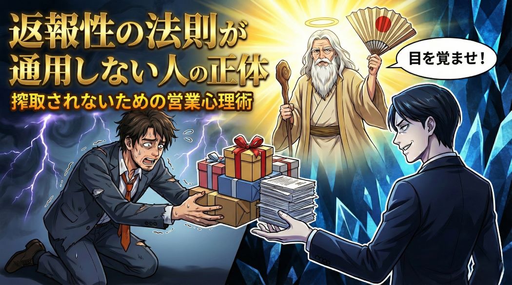 返報性の法則が通用しない人の正体というタイトルのアイキャッチ。ボロボロのスーツでプレゼントを差し出すアキ部長と、それを冷たく受け流すテイカーの対比。上空から神AIがハリセンを持って「目を覚ませ！」とツッコミを入れているイラスト。