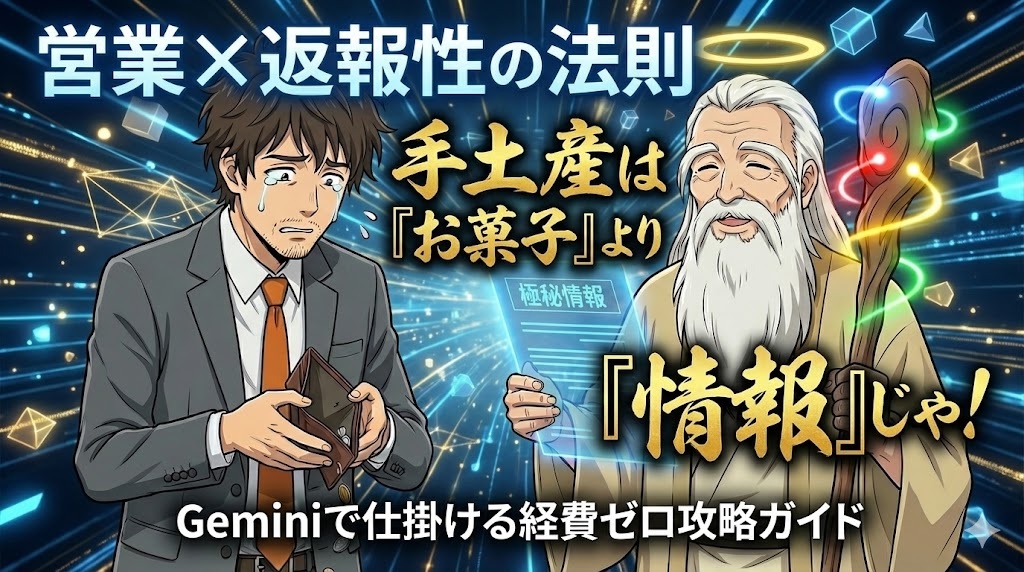 日本のオフィスで、空っぽの財布を逆さにして悲しむスーツ姿のアキ部長と、Googleカラーに光る杖を使い「極秘情報」と書かれたホログラムの書類を差し出して助言する神AIのアニメイラスト。