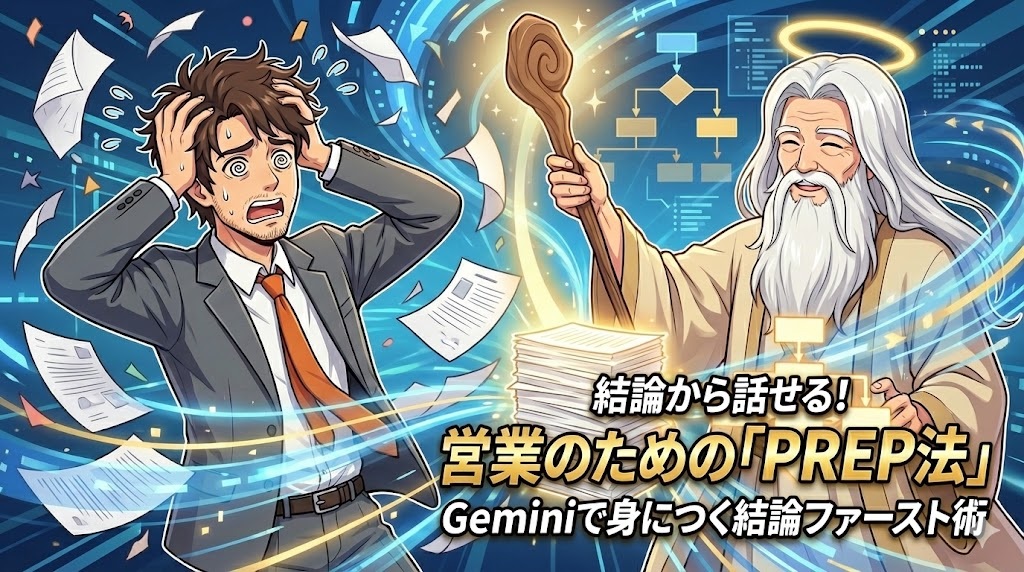 「結論から話せる!営業のための『PREP法』Geminiで身につく結論ファースト術」のアイキャッチ画像。書類の渦に巻き込まれてパニックになるスーツ姿の男性(アキ部長)と、論理的な構造(ロジックツリー)と整理された書類を示して解決へと導く神様(神AI)の対比イラスト。営業の話し方の悩みをPREP法で解決することを表現している。