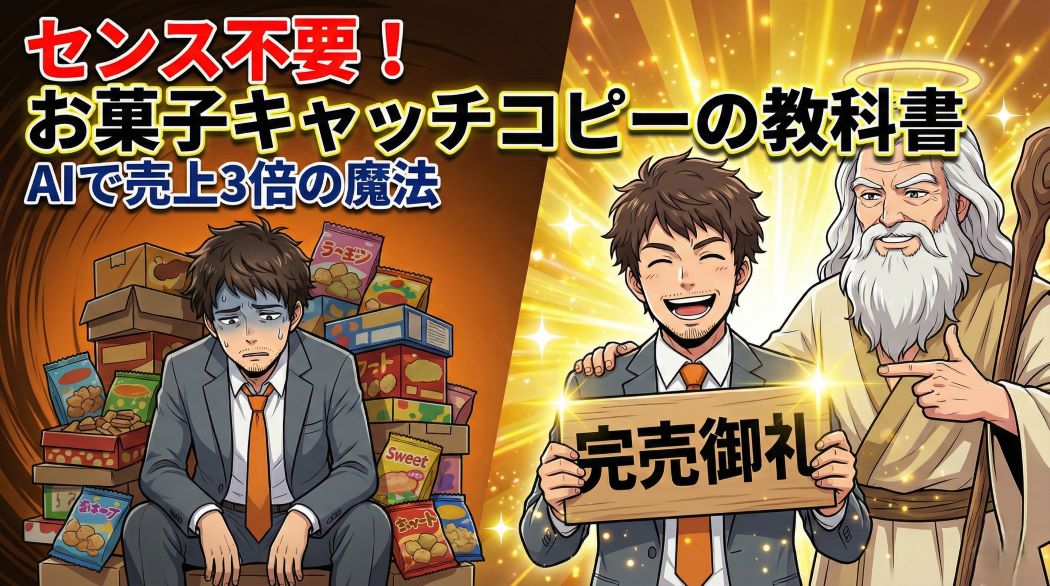 売れ残ったお菓子の山で困り顔のアキ部長と、神AIの助けで「完売御礼」の札を持ち笑顔になるアキ部長のビフォーアフター イラスト。「センス不要！お菓子キャッチコピーの教科書 AIで売上3倍の魔法」という文字が入っている。