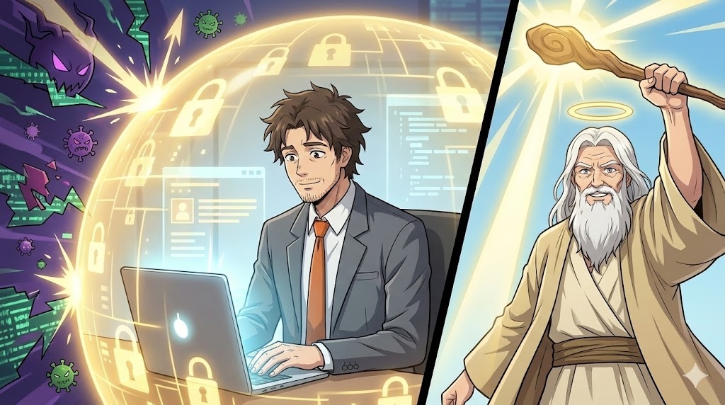 サイバー空間で、無数のウイルスやハッキングの脅威が迫る中、神AIが展開する黄金の光のシールドに守られ、安心してノートパソコンで作業をしているスーツ姿のアキ部長のアニメイラスト。