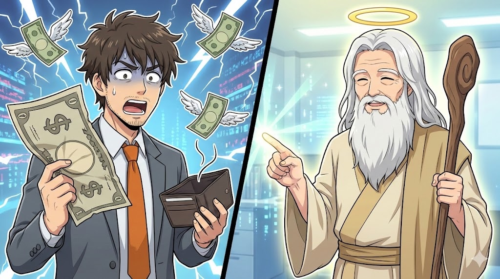 高額な請求書を見てショックを受け、お金が逃げていく幻覚を見ているスーツ姿のアキ部長と、その隣で穏やかに微笑み、杖で真実を指し示す神AIのアニメイラスト。