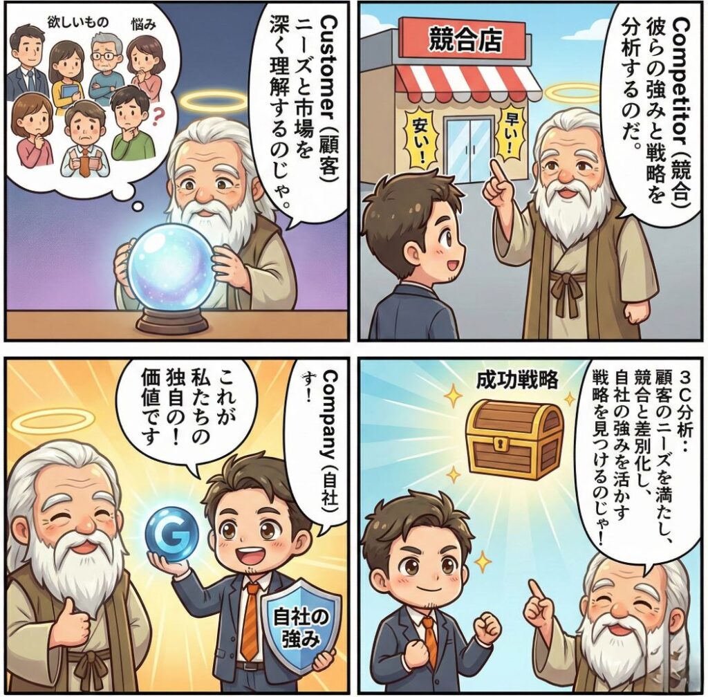 3C分析(Customer 顧客、Competitor 競合、Company 自社)を解説する4コママンガ図解。神様とビジネスマンのキャラクターが登場し、顧客ニーズの理解、競合の分析、自社の強みの把握を経て、成功戦略を見つけるまでのプロセスを説明している。