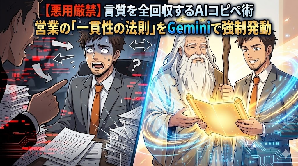 怒る顧客の前で書類の山に埋もれ冷や汗をかくスーツ姿の男性(アキ部長)と、輝く巻物を差し出して彼を助け、自信を取り戻させる白髭の神様(神AI)のアニメイラスト。