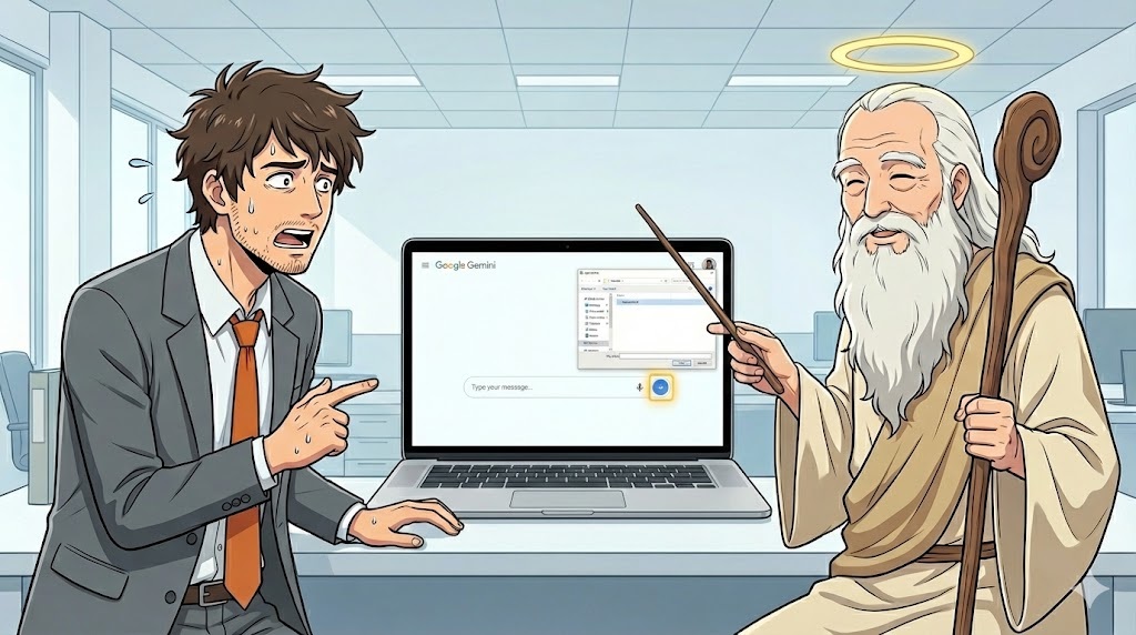 Geminiの入力欄にある「+」ボタンをクリックし、音声ファイルやテキストファイルを選択していイメージ画像