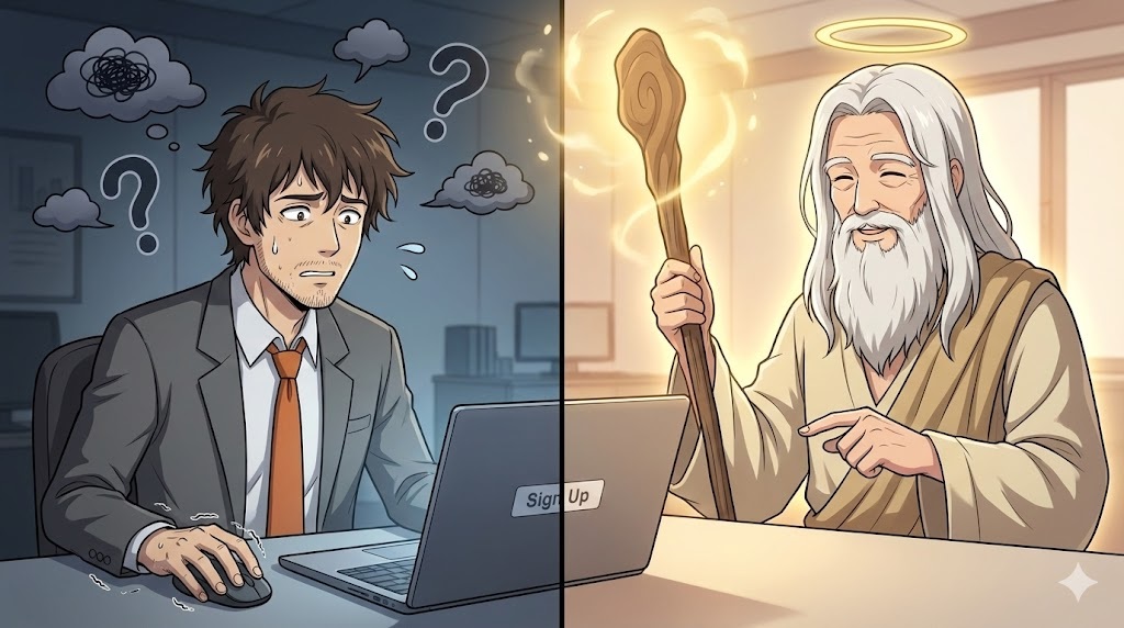 Workspace Business Plusの申し込みボタンが表示されたPC画面の前で、不安げに頭を抱えるアキ部長と、その不安を示す疑問符を杖からの光で消し去り、穏やかに微笑んで安心させている神AIのアニメイラスト。