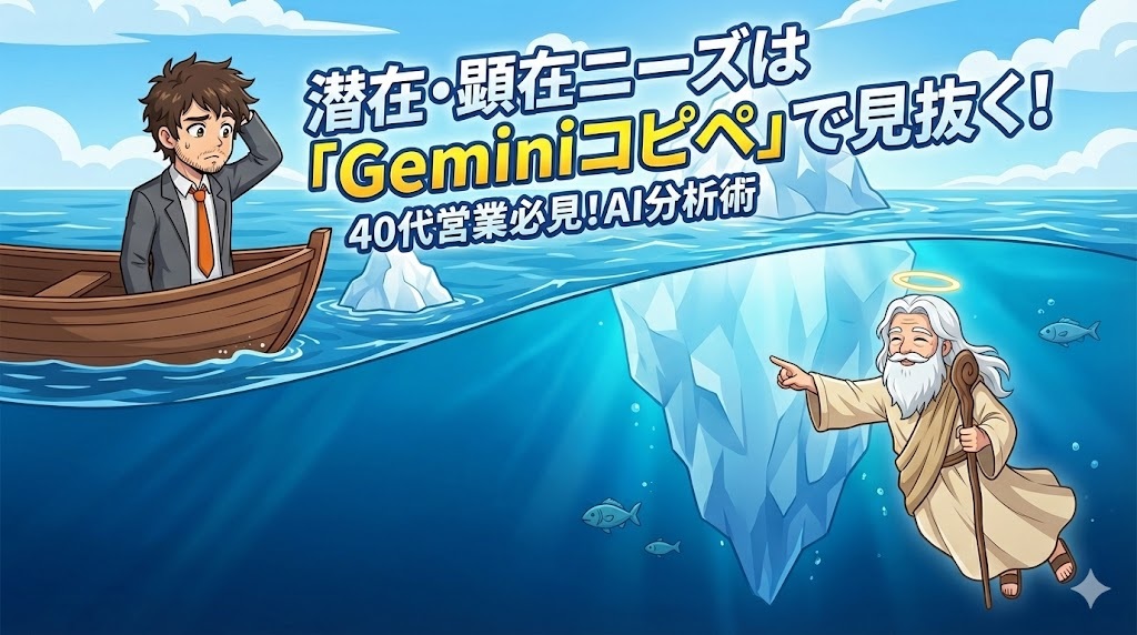 海の水面に浮かぶ氷山の一角だけを見て困惑するスーツ姿のアキ部長と、水面下に隠れた巨大な氷山の全体像を杖で指し示し、余裕の笑顔で解説する白い髭の神様のイラスト。顧客理解の氷山理論を視覚化したアニメ調の画像。