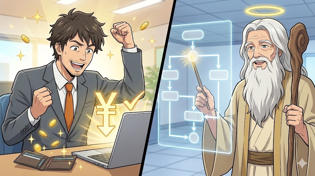 年払いで割引が適用され、PC画面を見て大喜びでガッツポーズをするスーツ姿のアキ部長と、その隣で正しい申し込み手順のフローチャートを杖で指し示し、穏やかに導く神AIのアニメイラスト。