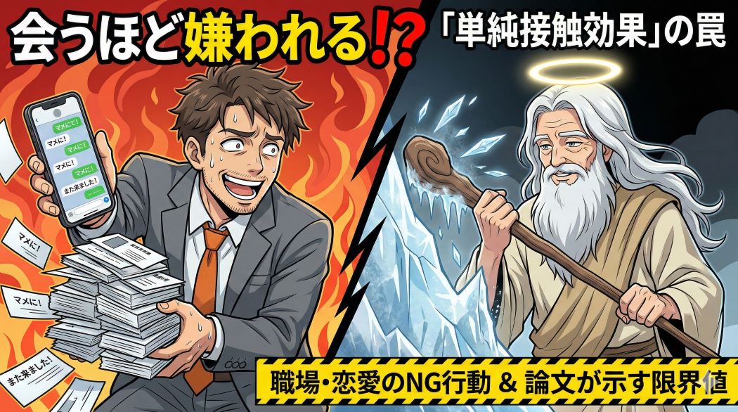 汗だくで大量の名刺を差し出すアキ部長(左、暖色)と、冷気の壁を作る神AI(右、寒色)の画面分割イラスト。特大の黄色い警告文字で「会うほど嫌われる!?」と書かれている。単純接触効果の罠を解説するアイキャッチ。
