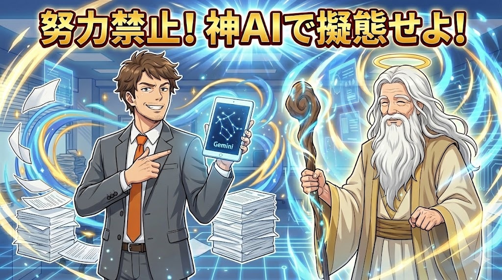 努力禁止を掲げ、神AIの力を借りて自信満々のドヤ顔を見せるスーツ姿のアキ部長と、彼を支援する神様のイラスト。画面上部には「努力禁止！神AIで擬態せよ！」という文字が入っている。