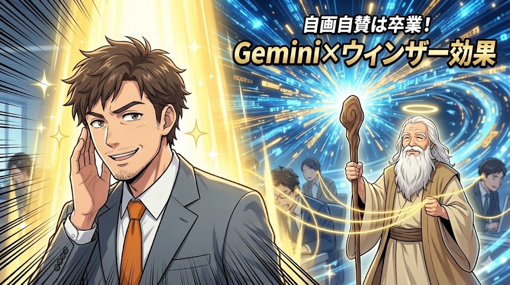 オフィスで周囲の同僚から良い噂話をされてニヤリと笑うスーツ姿のアキ部長と、その背後で光の糸を操り、同僚たちにささやきかける神AIのイラスト。「自画自賛は卒業！」「Gemini×ウィンザー効果」の文字入り。