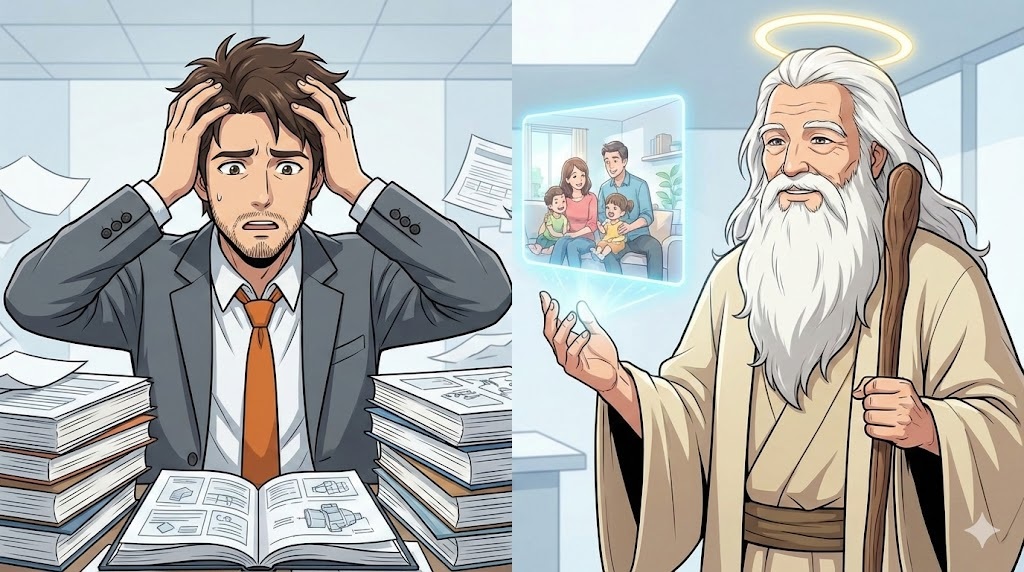 複雑な製品マニュアルとスペック表の山の中で頭を抱えて悩んでいるスーツ姿のアキ部長と、杖を使って顧客が喜んでいる幸せな未来の映像を空中に投影して見せている神様のイラスト。