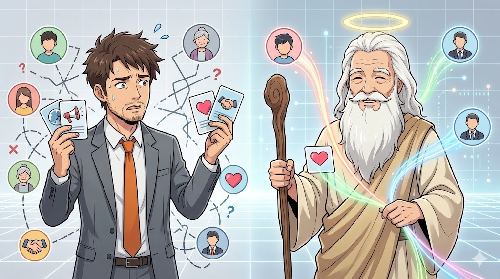 ターゲット別に異なるメッセージを届けることの難しさに悩むアキ部長と、それを解決する神AIのイラスト。アキ部長は複数のターゲット層のアイコンを前に混乱し、神AIは杖でそれぞれの層に最適な言葉の光を指し示している。