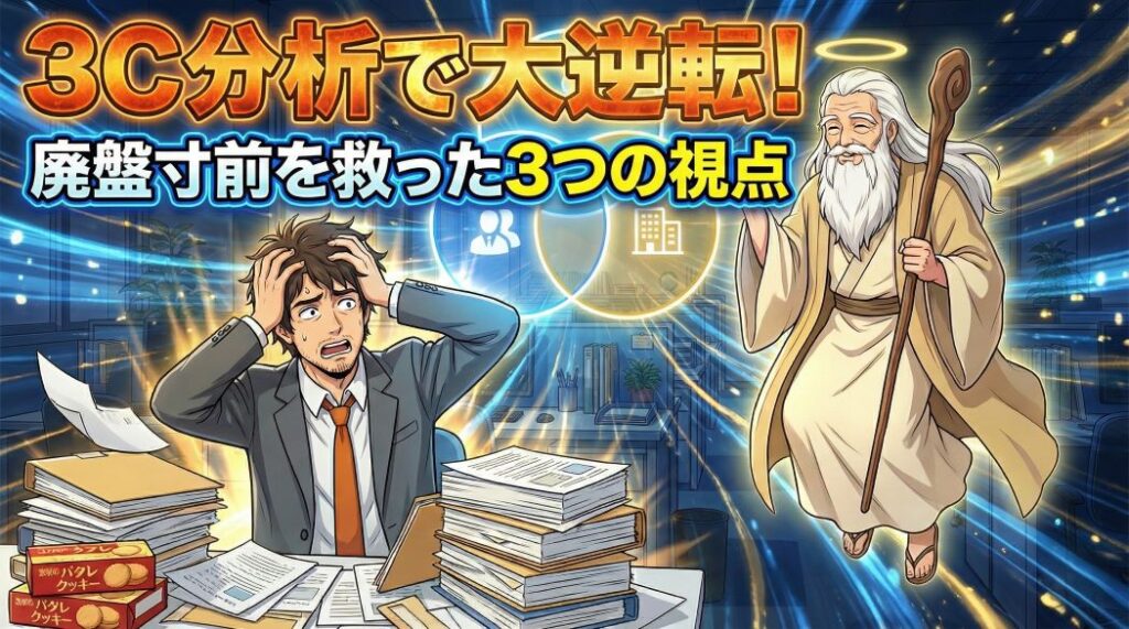 日本のオフィスで、書類とサブレの山に埋もれて頭を抱えるスーツ姿のアキ部長と、その横で魔法の杖を使って光る3つの円のビジネスフレームワーク図（ベン図）を空中に浮かべ、余裕の笑顔で助言する神様（神AI）のアニメイラスト。