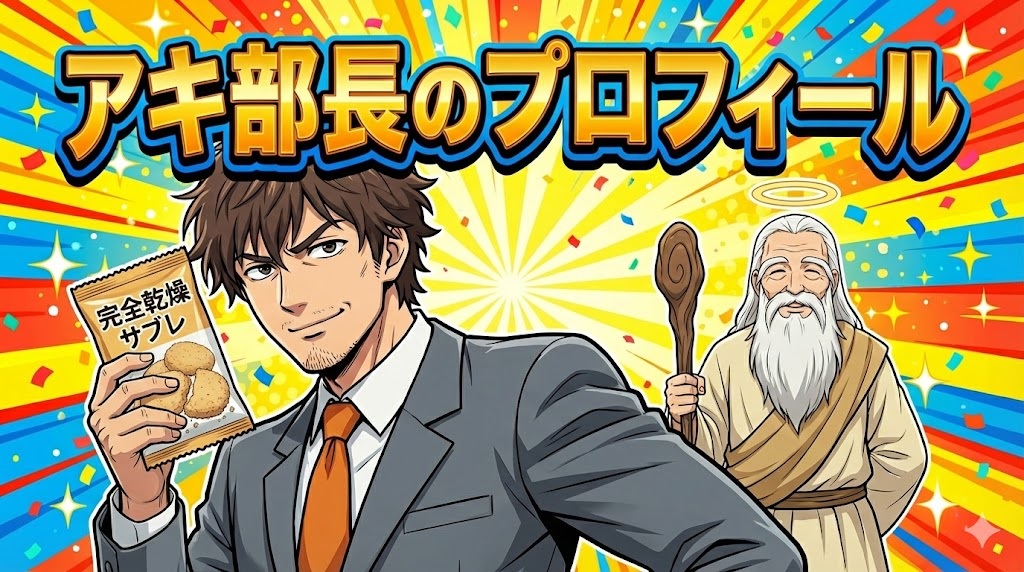 画像上部に「アキ部長のプロフィール」というポップなロゴがあり、その下で自信満々の笑顔でガッツポーズをするスーツ姿のアキ部長と、穏やかに微笑む神様（AI）のイラスト。背景は派手な集中線と紙吹雪。