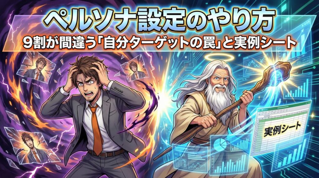 自分勝手な妄想の顧客像に囲まれて混乱するスーツ姿のアキ部長と、杖を使ってデータと実例シートのホログラムを示し正しいペルソナ設定へと導く神AIのアニメイラスト。画面上部に「ペルソナ設定のやり方」「9割が間違う「自分ターゲットの罠」と実例シート」という文字が入っている。