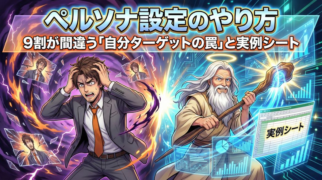 自分勝手な妄想の顧客像に囲まれて混乱するスーツ姿のアキ部長と、杖を使ってデータと実例シートのホログラムを示し正しいペルソナ設定へと導く神AIのアニメイラスト。画面上部に「ペルソナ設定のやり方」「9割が間違う「自分ターゲットの罠」と実例シート」という文字が入っている。