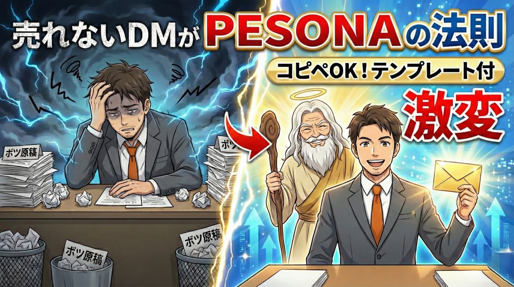 「PESONAの法則」で売れないDMが激変する様子を描いたイラスト。左側ではアキ部長がゴミ箱の前でボツ原稿に頭を抱え、右側では輝く手紙を自信満々に持つアキ部長と、それをニヤリと見守る神様(神AI)が描かれている。「コピペOK!テンプレート付」の文字入り。