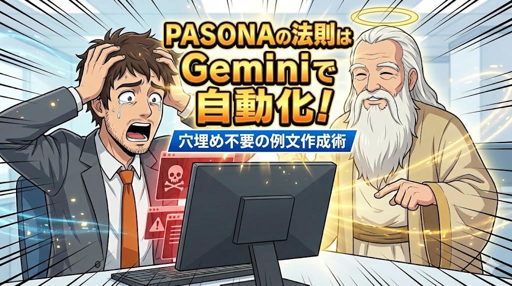 パソコン画面の致命的なエラーを見て、頭を抱えて絶望的な表情をしているスーツ姿のアキ部長と、その隣で穏やかに微笑みながら光り輝く魔法の杖で画面を指し示し、解決へと導く神様(神AI)のアニメーションイラスト。