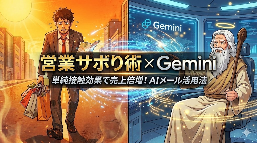 炎天下の中、汗だくで疲れ果てたスーツ姿のアキ部長が、右手に地図と重い鞄、左手に大量の紙袋を抱えて歩いている様子と、快適な制御室でGeminiの画面を操作し世界中と繋がっている神AIのイラスト。