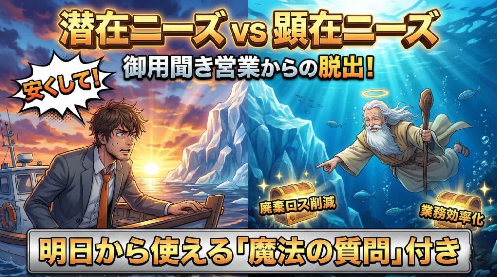 氷山のイラストでビジネスの潜在ニーズと顕在ニーズを対比。水面上ではスーツ姿のアキ部長が「安くして！」という要求に困り、水中では神AIが「廃棄ロス削減」「業務効率化」と書かれた宝箱を指差している。タイトル文字「潜在ニーズ vs 顕在ニーズ」「御用聞き営業からの脱出！」「明日から使える『魔法の質問』付き」が配置されている。